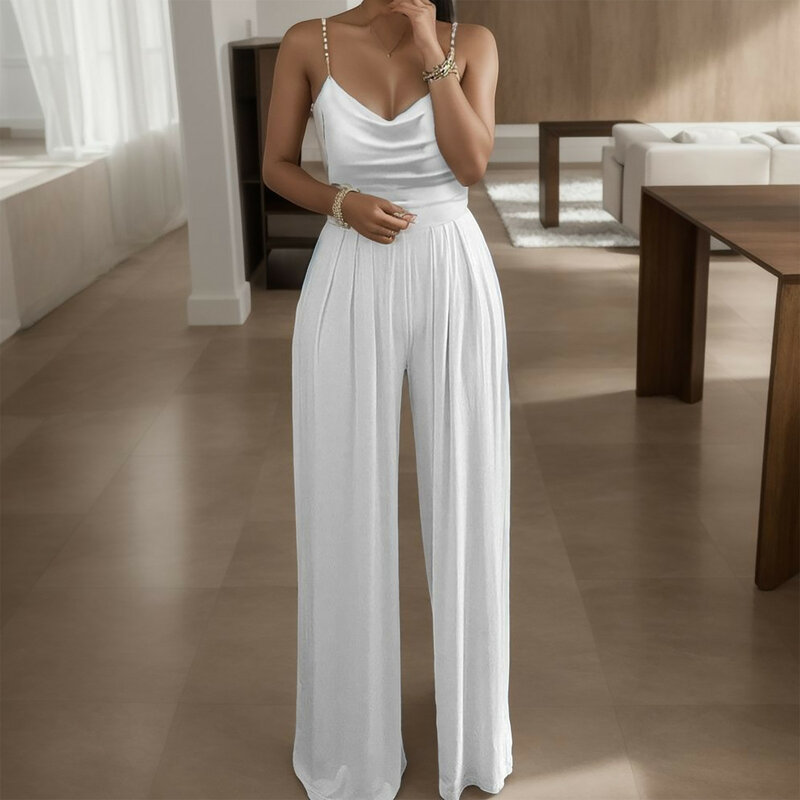 Sexy Pearl Sling Jumpsuits Elegant Rompers 2024 Summer Jumpsuit Women Wide Leg Playsuits Soild Color Casual V-Neck Overall