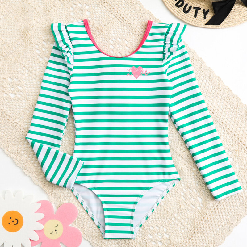 Maiô manga comprida para meninas, listras verdes, swimwear infantil doce, piscina de verão, roupas de praia