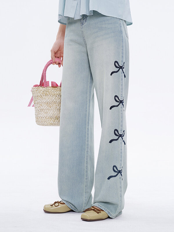Celana Jeans kasual wanita, celana Denim lurus pita desain cantik kaki lebar jalanan Amerika Retro pinggang tinggi
