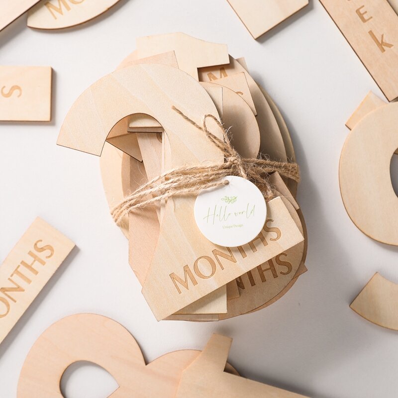 14pcs Wooden Baby Milestone Cards Handmade Digital Monthly Photocards Baby Photography Engraved Age Milestone Photography Props