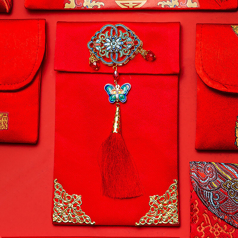 1 buah Tahun Baru Cina 2024 amplop merah tas uang keberuntungan tekstur sutra palsu mengunjungi keluarga Tahun Baru amplop merah untuk Tiongkok