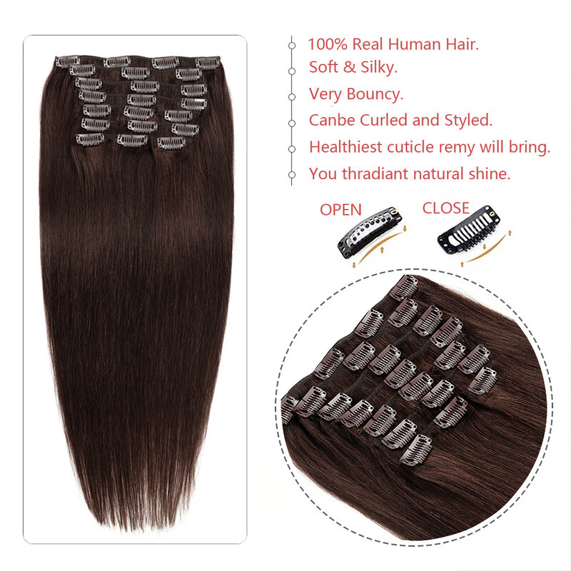 Clip In Hair Extensions Brown Straight Remy Hair Clip In Human Hair Extension For Women Double Weft Clip-On HairPiece 24 Inch #4