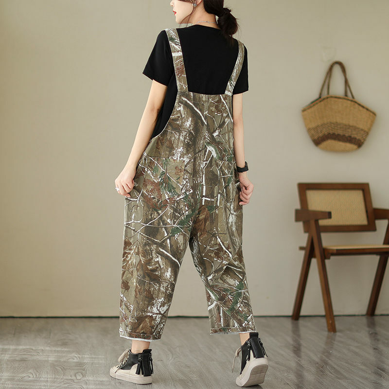 Summer Thin Printed Denim Strap Pants For Women's Abstract Jumpsuit Slim Versatile Casual Vintage Jeans Trousers Z1458