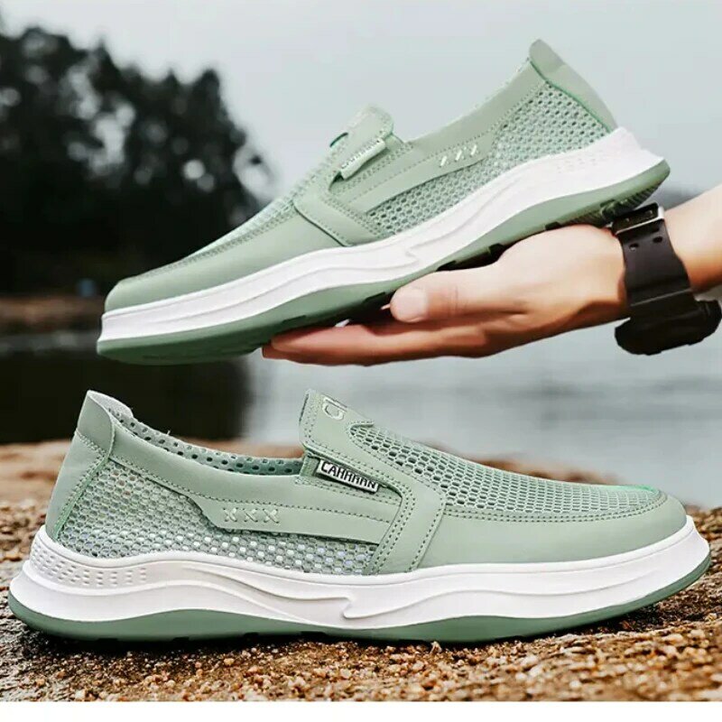 Men Mesh Loafers Shoes Breathable Round Head Work Sneakers Solid Colour Non-slip Comfortable Lightweight Thick Bottom Flats