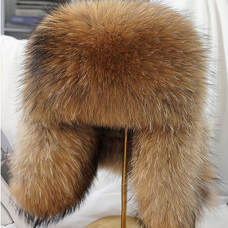 男性用のキツネの毛皮の帽子,100% 本物のアライグマの毛皮の帽子,屋外の暖かい毛皮のキャップ,ビーム付きのロシアの帽子,ushanka