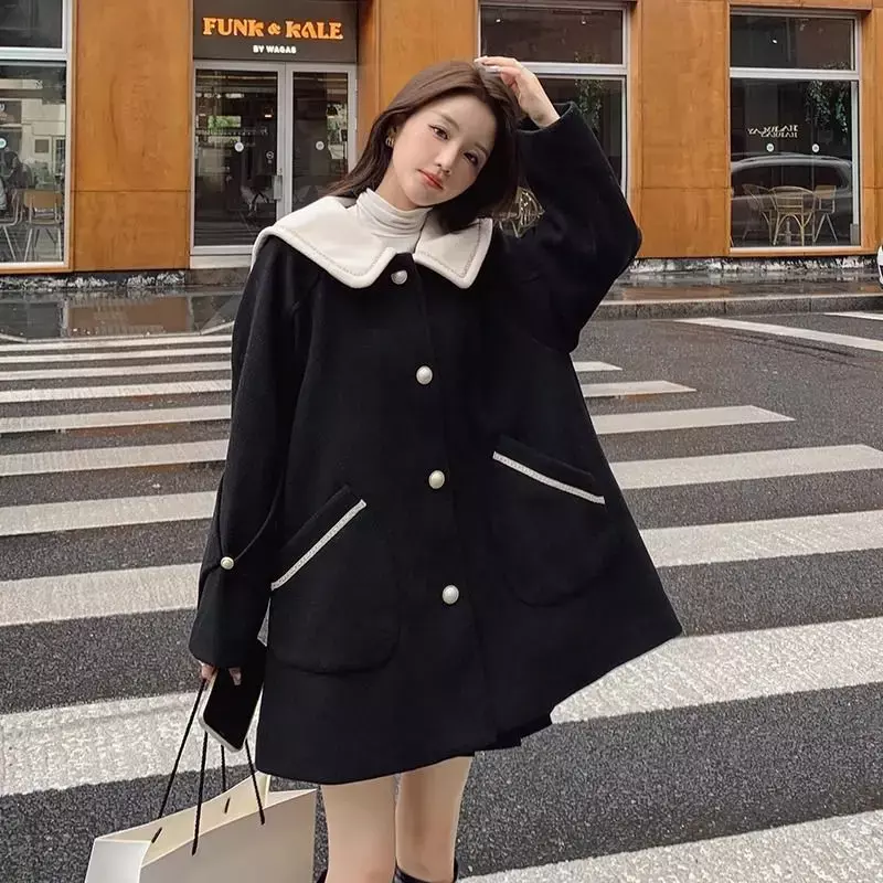 Зимнее новое женское черное шерстяное пальто высокого качества, Женская нишевая темпераментная Свободная верхняя одежда в студенческом стиле, повседневное пальто средней длины