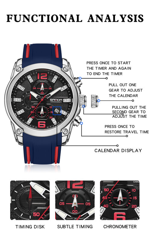 2024 Sanda 5305 męski zegarek silikonowy pasek kwarcowy zegarek na rękę z kalendarzem moda stal nierdzewna wodoodporna zegarek wysokiej jakości