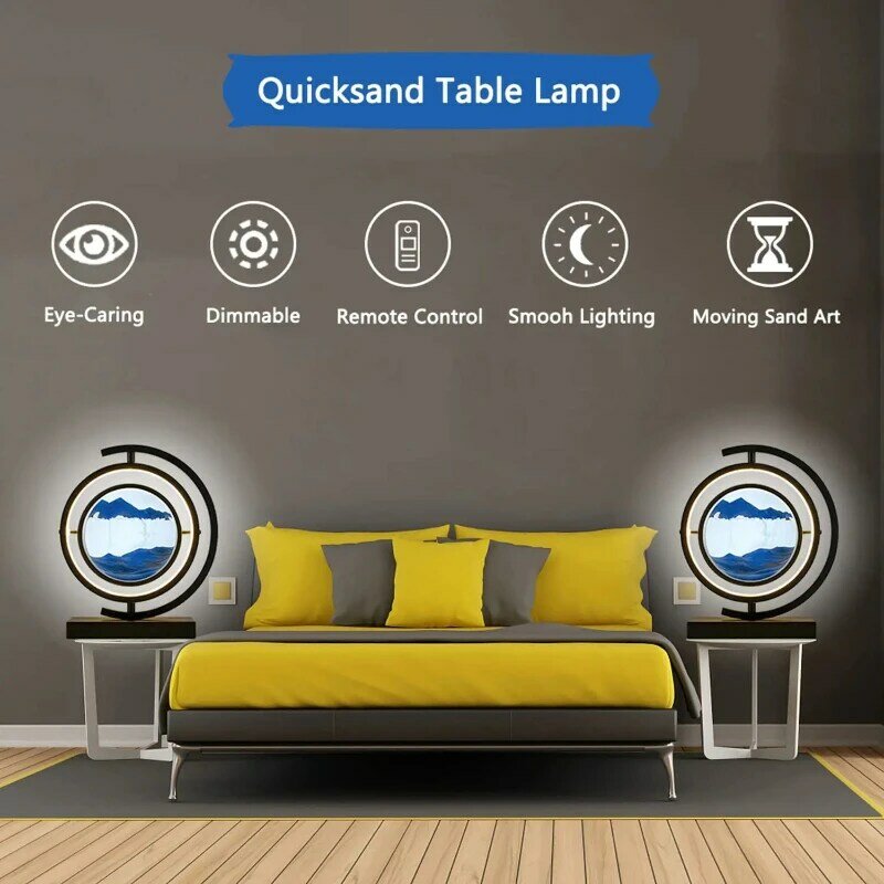 3D Brilho ajustável LED Sands of Time Lamp, controle remoto, Quicksand Art, Bedroom Bedside Lamp, 360 ° Decoração Rotatable