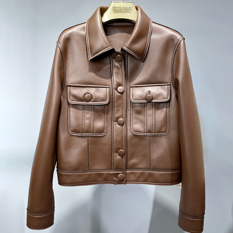 Женская однобортная байкерская куртка из натуральной овечьей кожи, однотонная кожаная куртка, FG4032, для осени, 2022