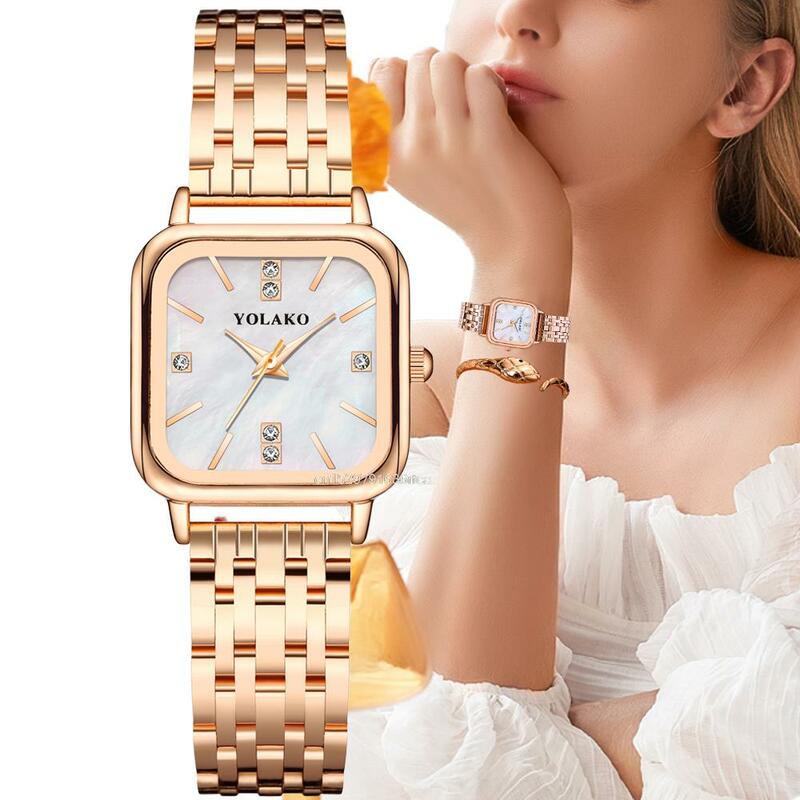 여성용 쿼츠 시계, 다이아몬드 조개껍질 표면 디자인, 금색 고급 금속 스트랩 시계, 패션 스퀘어, 럭셔리 브랜드
