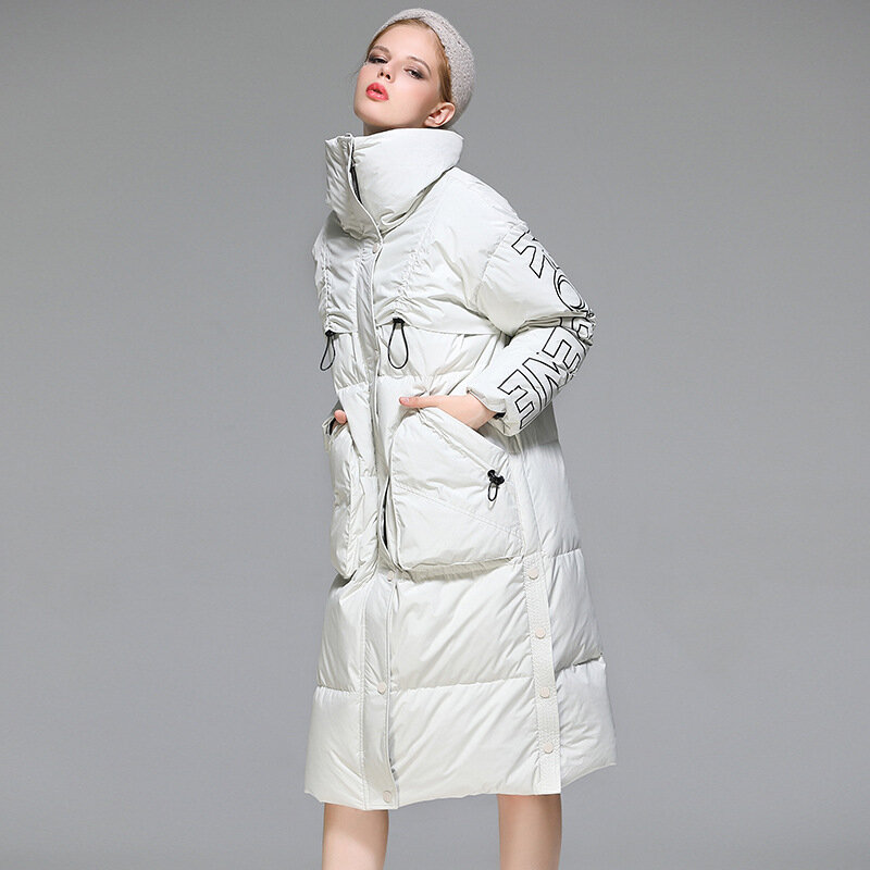 Jaket Musim Dingin Wanita Hangat Tahan Angin Panjang Putih Bebek Bawah Puffer Jaket Kasual Hangat Ski Hoodie Mantel