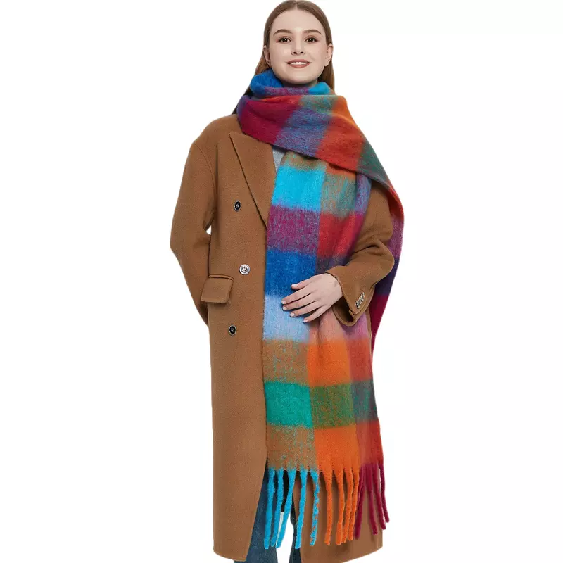 Осенне-зимняя утолщенная Женская шаль, имитация мохера, цветной клетчатый шарф с кисточками, мягкая искусственная шаль