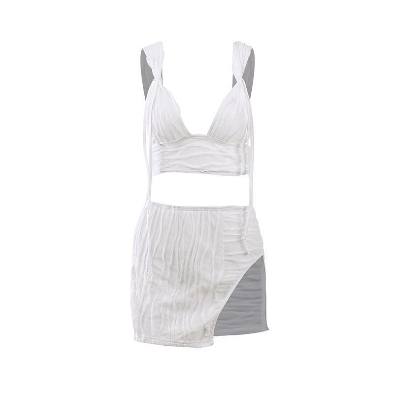Conjunto de dos piezas de tejido Jacquard para mujer, minifaldas con abertura, Top corto blanco, Sexy, para vacaciones en la playa, 2022