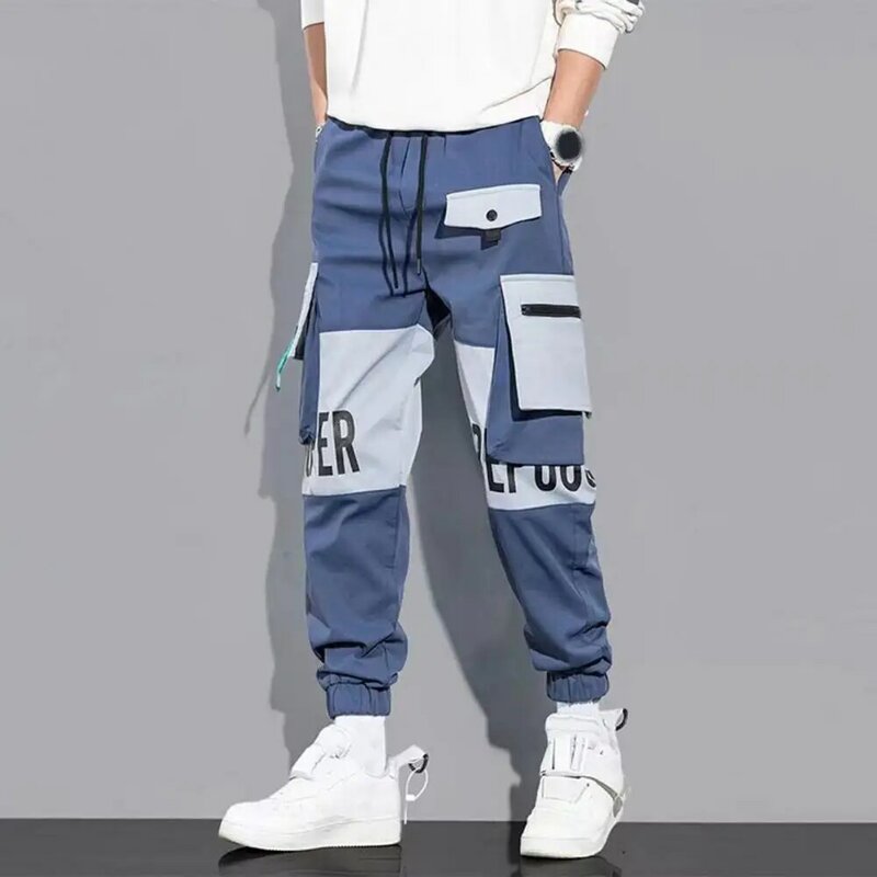 Men Casual Pants Men's Cargo Pants with Drawstring Waist Multiple Pockets Letter Print Design Ankle-banded Contrast for Daily