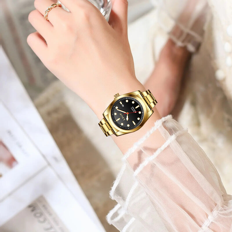 LIGE-Reloj de pulsera de lujo para mujer, cronógrafo dorado con fecha luminosa, resistente al agua, de cuarzo, de acero inoxidable + caja