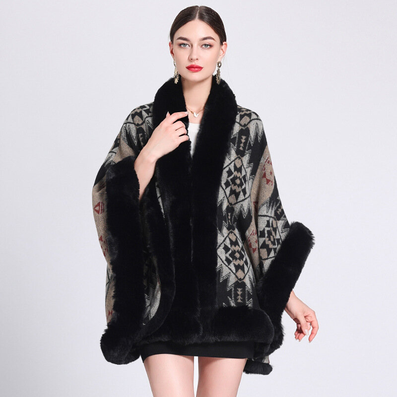Mantel wanita ukuran besar, mantel wanita musim dingin, beludru tebal, mantel bulu palsu kerah longgar, mantel besar, jubah selendang bermotif