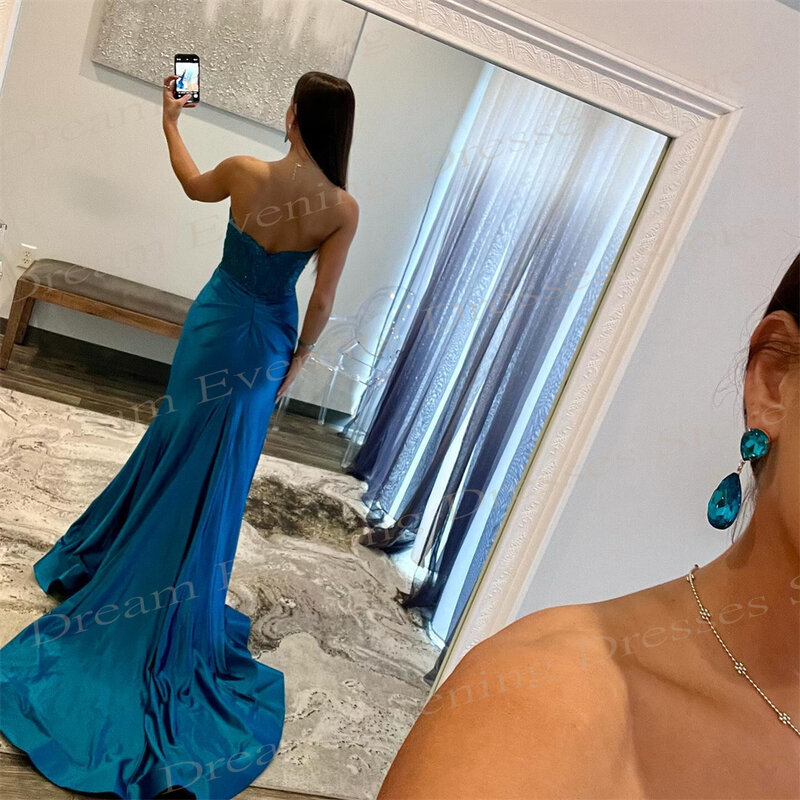 Sexy Dark Blue Mermaid Exquisite Evening Dresses Charming Strapless Sleeveless Prom Gowns Backless High Side Split Floor-Length