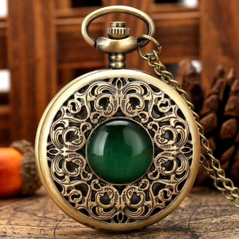 Retro terukir kreatif permata hijau pola mata kucing kuarsa perunggu jam saku liontin kalung antik Digital Arab hadiah wanita