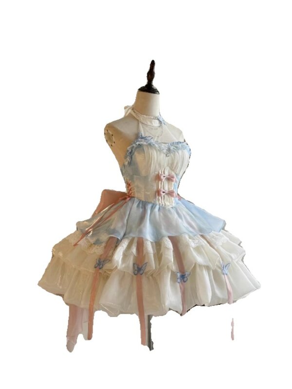 Falda corta con tirantes finos y cuello Halter, falda de cola, color albaricoque, azul y rosa
