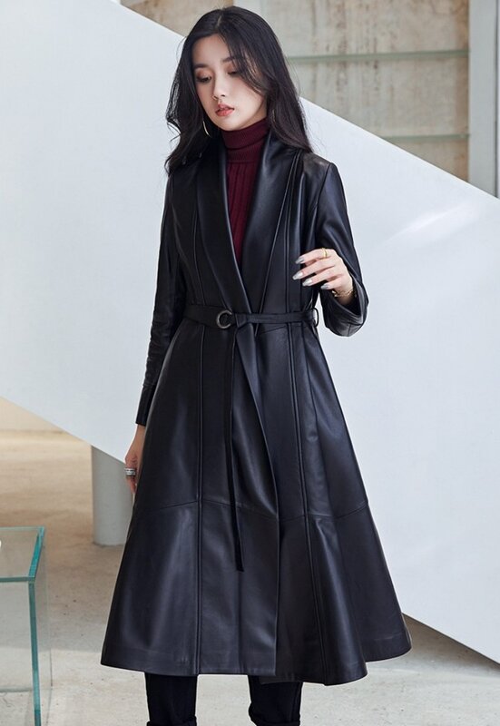 Gabardina larga de piel de oveja auténtica para mujer, chaqueta elegante con cinturón, cortavientos Vintage, 2023