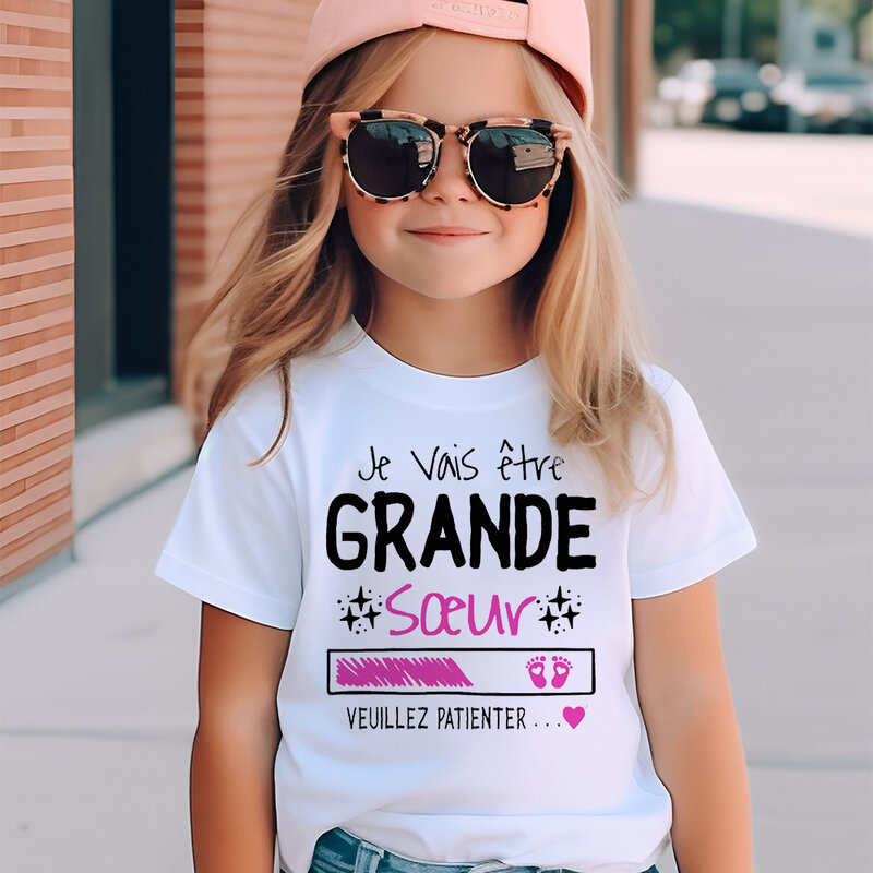 I Will Become A Sister French Printed Shirt Pregnant  Announcement Girls T-shirt Sister Clothe Tops Kids Summer Short Sleeve Tee