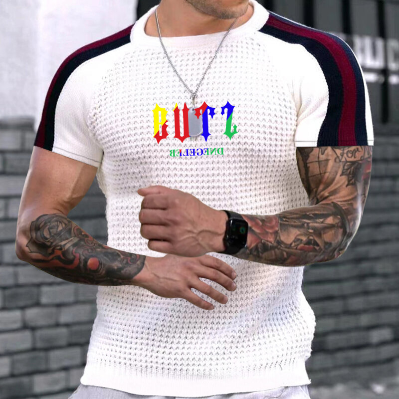 Футболка мужская с круглым вырезом, брендовая трикотажная рубашка с вафельным принтом, модный топ с коротким рукавом, сочетающийся цвет, лето