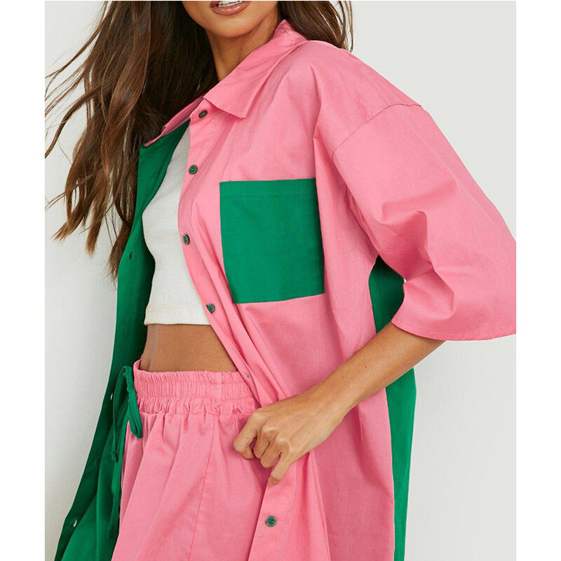 Sommer Kurzarm Tasche Mode Colorblock Taste Shirts Tops Baumwolle Lose Beiläufige Stil Frauen Kleidung Zwei Stück Shorts Sets