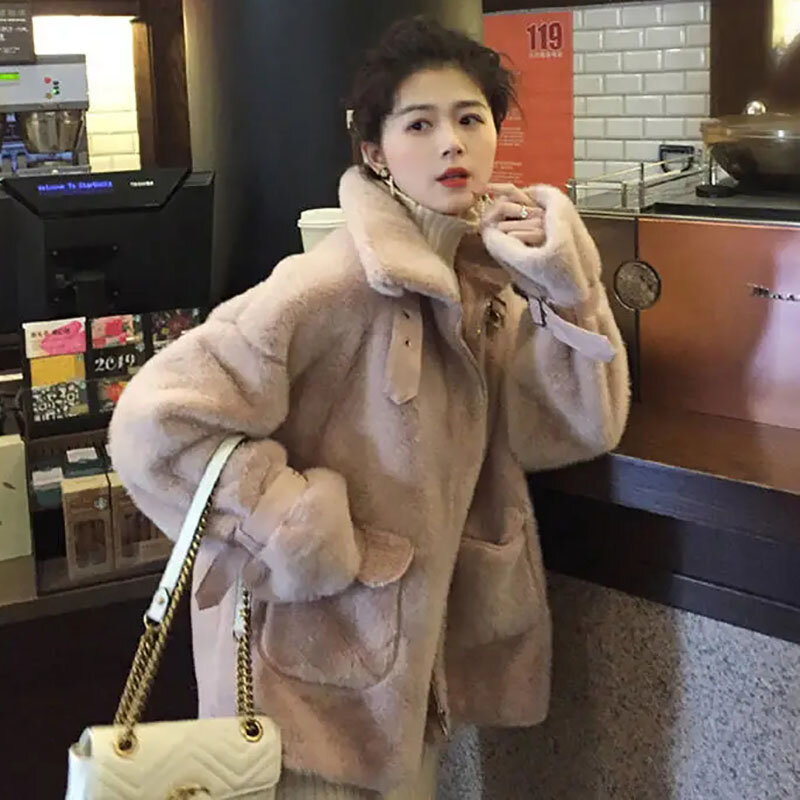 Korean Fashion Imitation Mink Plush Plus Size 4xl Jacket For Winter Women Lapel Zipper Leather Buckle Fur Coat Elegant Loose Top