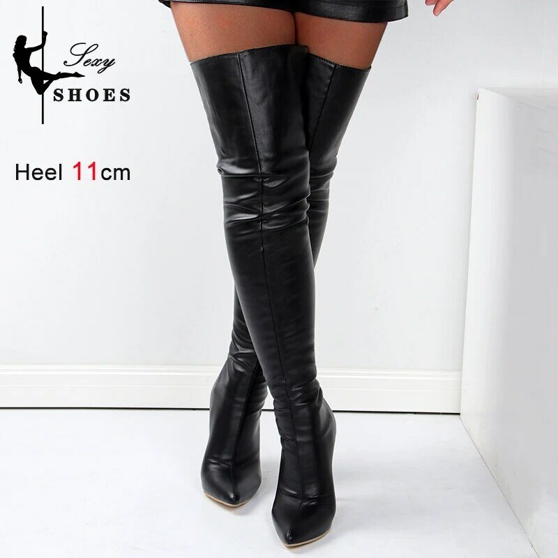 Trend 2024 Black Long Boots for Women Ladies Thigh High Pointed Toe Over-the-Knee Boots Patent Leather Large Size 46 Female Shoe