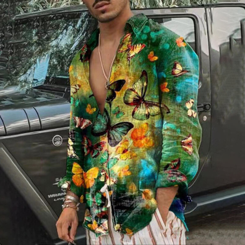 Camisa havaiana estampada com borboleta masculina, blusa de manga comprida, camisas de botão, tops de streetwear, moda 3D