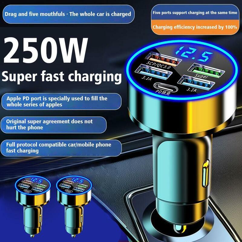 250W 4 Ports USB Car Charger Fast Charging PD Quick Charge 3.1 USB C Car Phone Charger Adapter For iPhone 14 Pro 