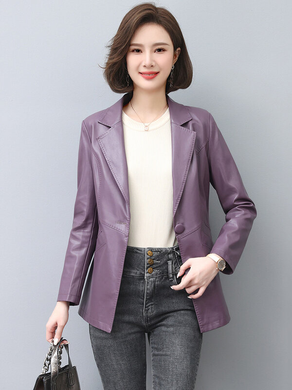새로운 여성 가죽 블레이저 봄 가을 우아한 패션 싱글 버튼 날씬한 예쁜 양가죽 재킷 두꺼운 겉옷 사이즈 M-5XL