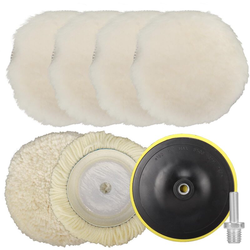 Roda de polimento com amortecedor M14, adaptador para broca, almofadas de lã, almofadas de lã, 7 ", 8 pcs