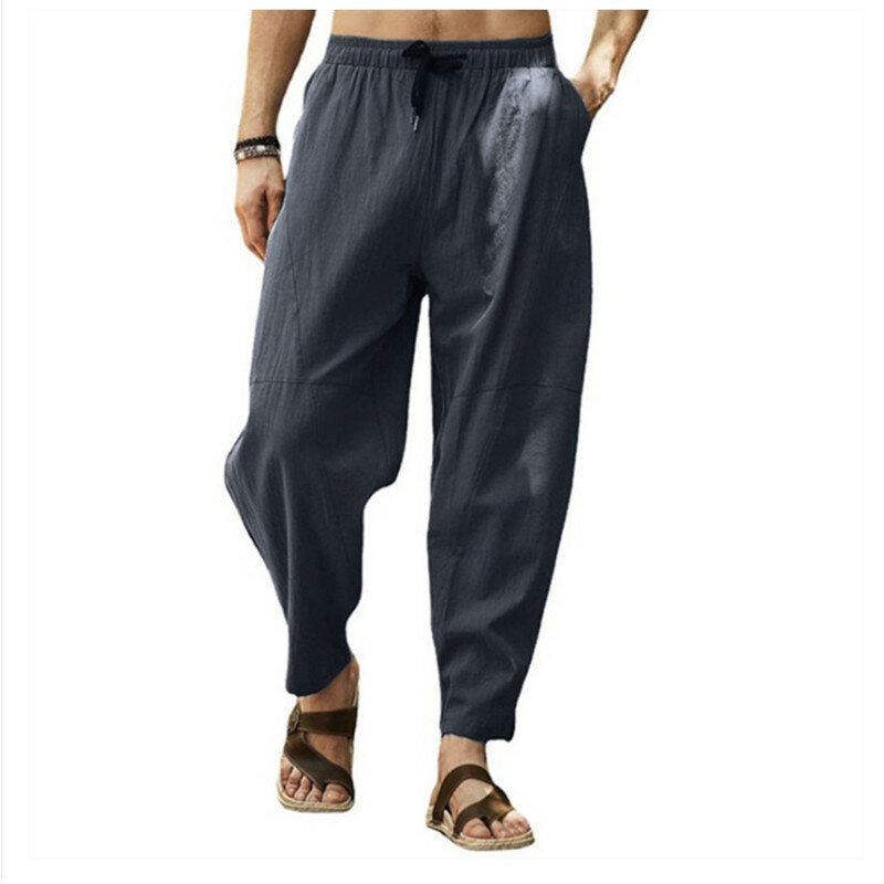 Celana panjang katun Linen untuk pria celana kargo lebar pakaian jalanan kasual olahraga Jogging pakaian pria celana olahraga
