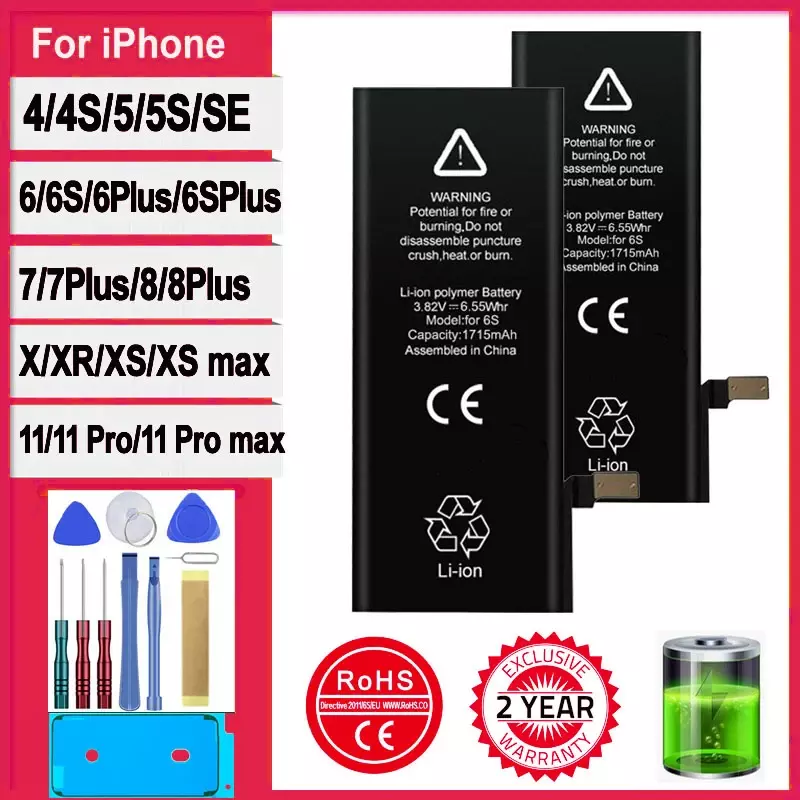 New 0 Cycle Battery For IPhone 7 8 SE 2 4 4S 5 5S 5C 6 6S Plus X XR XS 11 Pro Max High Capacity Bateria Sticker Free Tools