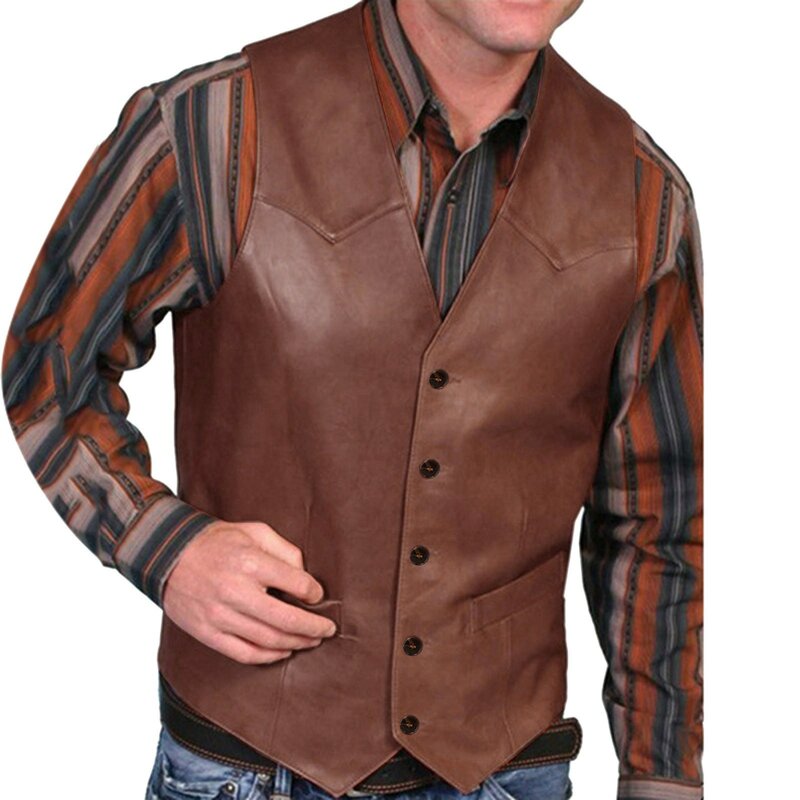 Men's Solid Color Leather V Neck Pocket Retro Vest Blouses With Button Men's Leather Vest Outerwear Fashion Waistcoats