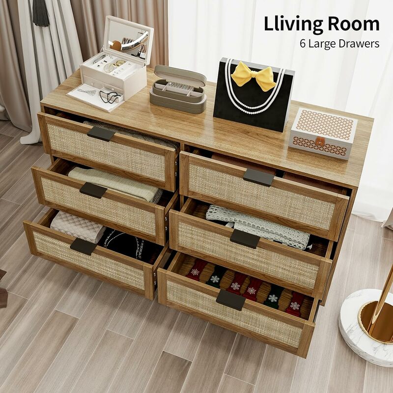 Tocador de ratán con 6 cajones, mueble de almacenamiento de madera, estilo bohemio, casa de campo moderna, con asas doradas