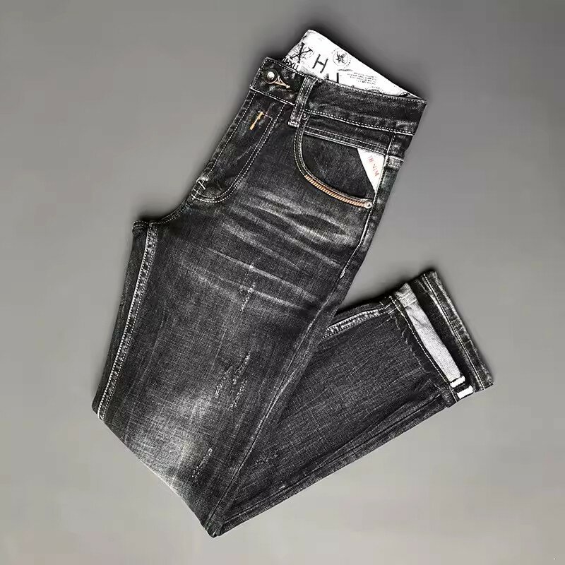 Markowe męskie jeansy wysokiej jakości Retro czarny szare rozciągliwe dopasowanie pasujące porwane jeansy mężczyzn klasyczne spodnie dżinsowe w stylu Vintage Hombre