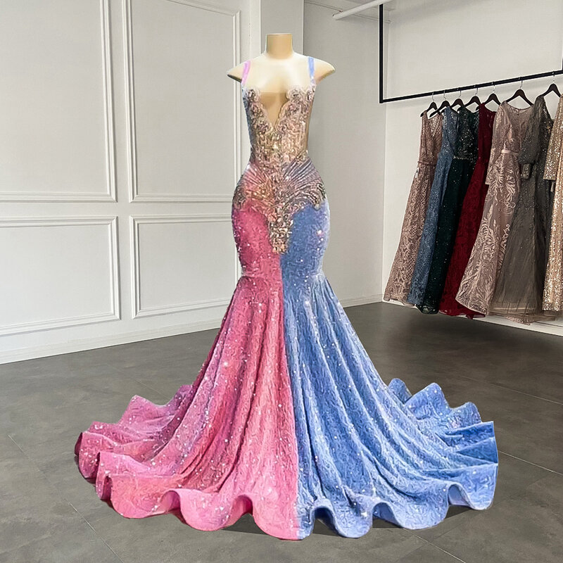 Długi świecący suknie balowe 2023 w stylu syreny wyposażone luksusowe srebrny diament kobiety różowy i niebieski czarny dziewczyna Prom formalne