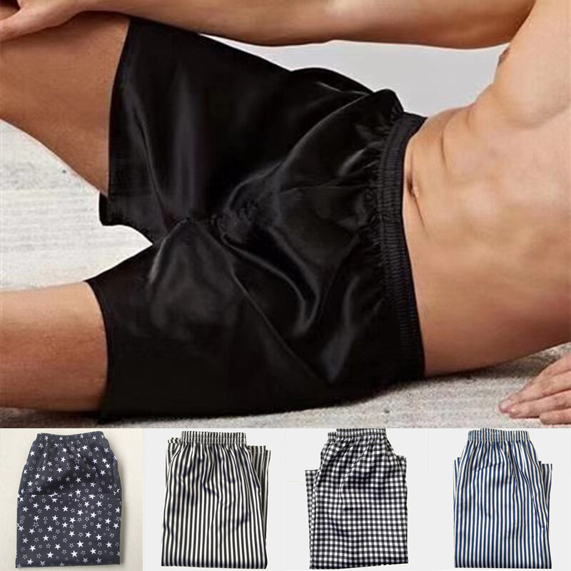 Homens de seda cetim pijamas shorts dormir pijamas homme calças bottoms masculino xadrez casa solto elástico da cintura pijamas