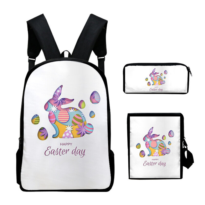 Mochila escolar com impressão 3d de dia de Páscoa, conjunto de 3 peças, mochila, bolsa para laptop, bolsa de ombro, estojo
