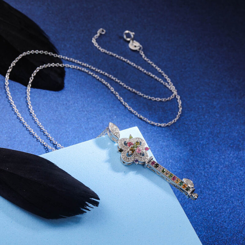 GZ ZONGFA Kalung Kunci Perak Murni 925 Asli untuk Wanita Berlian Alami 0, 02ct dan Liontin Turmalin Perhiasan Bagus Mode