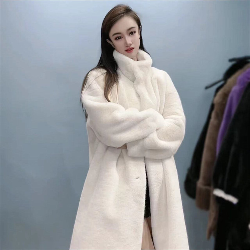 2023 Autumn/Winter Thickened Long Standing Collar Imitation Mink Fur One Piece Fur Environmental Protection Fur Women Loose Coat