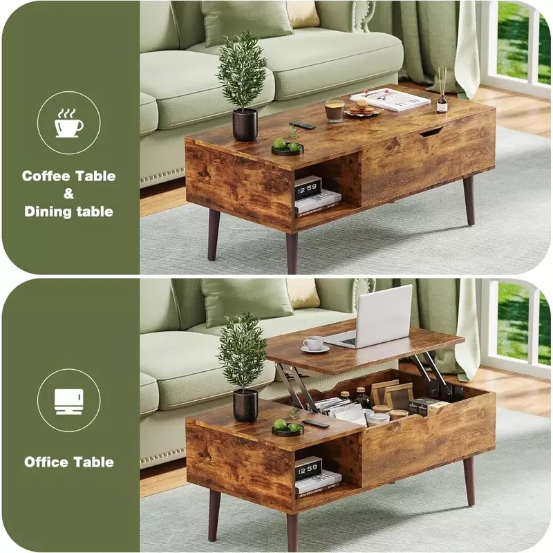 Modern Lift Top Coffee Table Wooden Furniture with Storage Shelf and Hidden Compartment for Living Room Brown Coffee Tables
