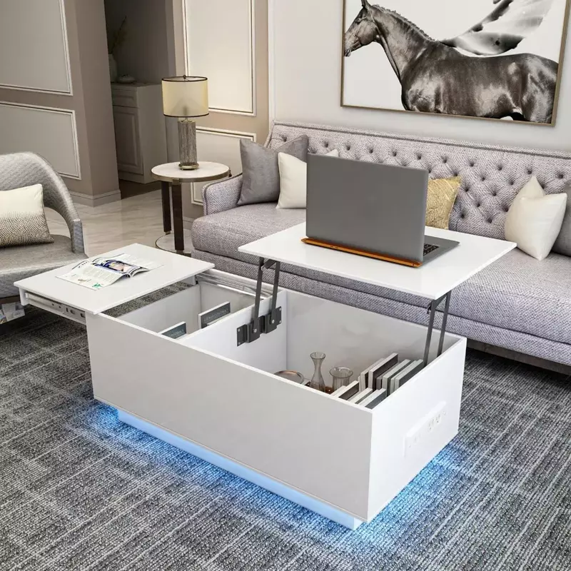 Lift Top Couch tisch mit versteckter Aufbewahrung Morden Hochglanz Tisch mit LED-Leuchten und Steckdose für Wohnzimmer weiße Nachttische