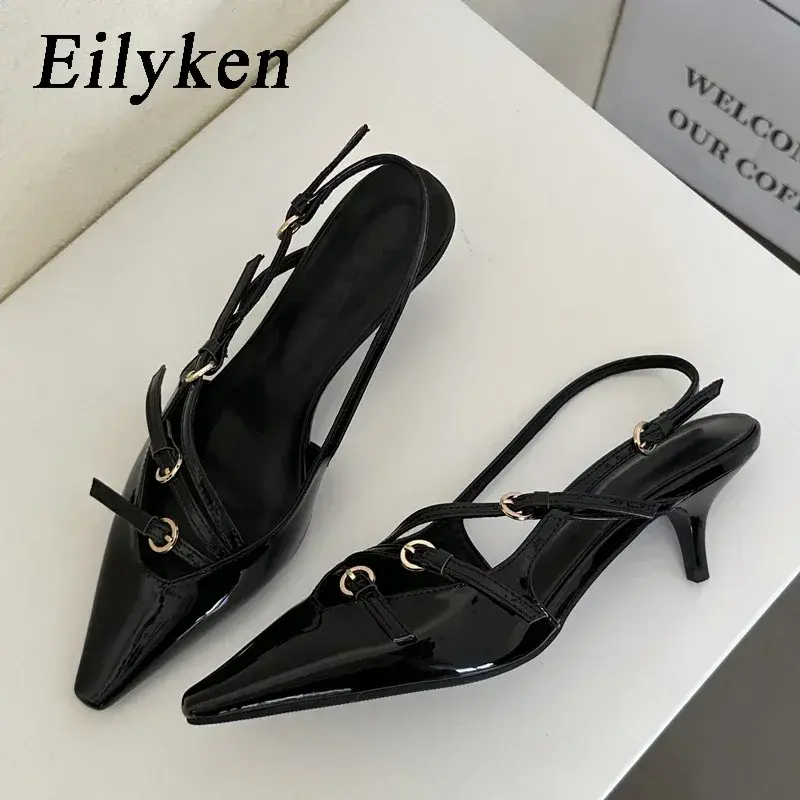 Eilyken-bombas sexy com fivela para mulheres, sapatos com banda estreita, dedo apontado, saltos finos, festa de casamento