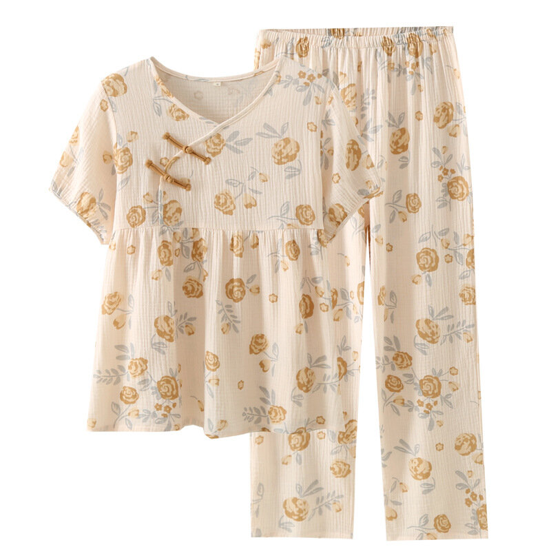 Летняя Пижама для женщин, тонкий хлопковый топ с коротким рукавом, брюки или шорты, домашняя одежда с пряжкой и круглым вырезом, костюм для дома из 2 предметов