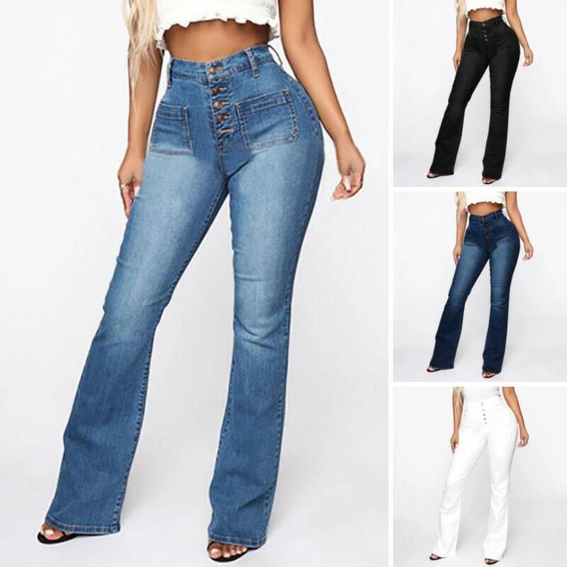 Джинсовые брюки, лестные женские джинсы с высокой талией и расклешенным подолом, облегающие однотонные джинсовые брюки разных цветов для длительного использования