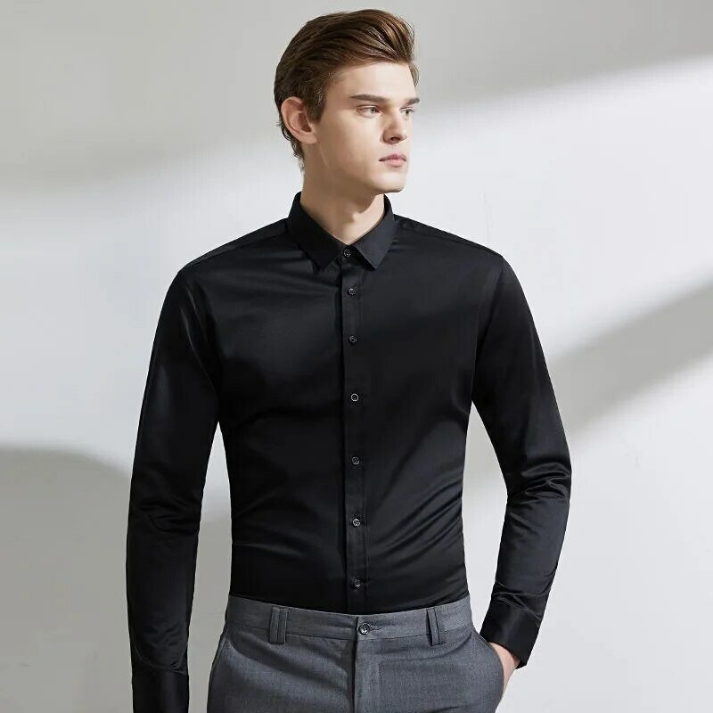 Camisa casual de manga comprida simples masculina, camisa de negócios, cor lisa, slim fit, plus size, moda social, quatro estações
