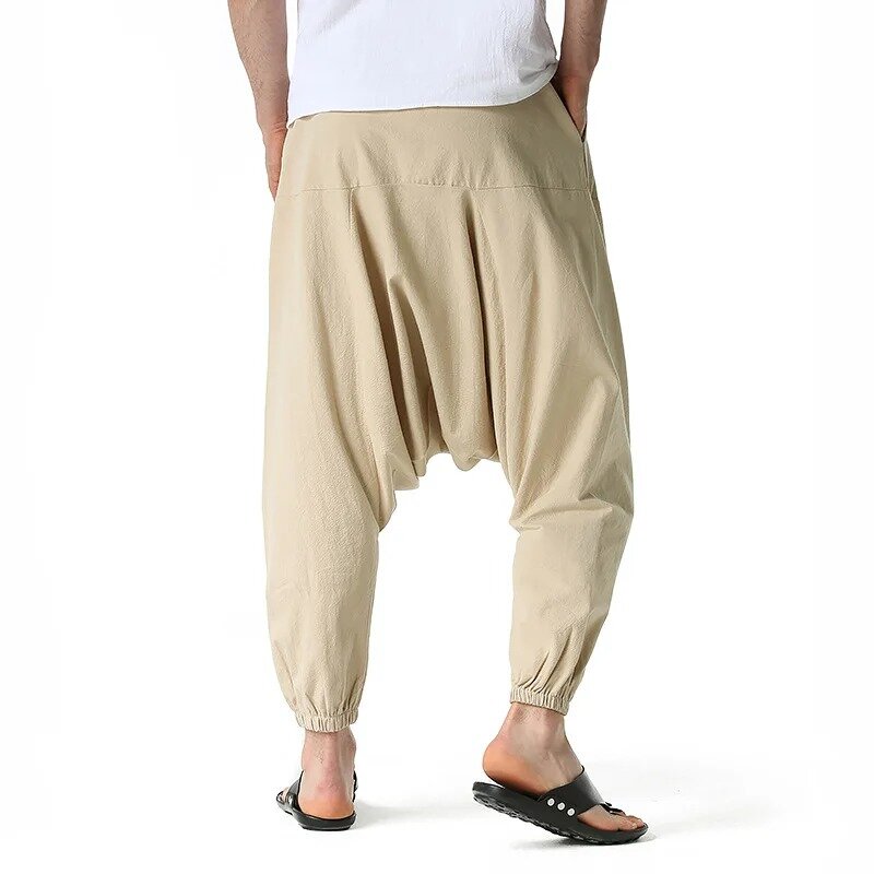 Celana panjang pria Harem, celana panjang kasual saku besar elastis luar ruangan Musim Semi dan Gugur 2024